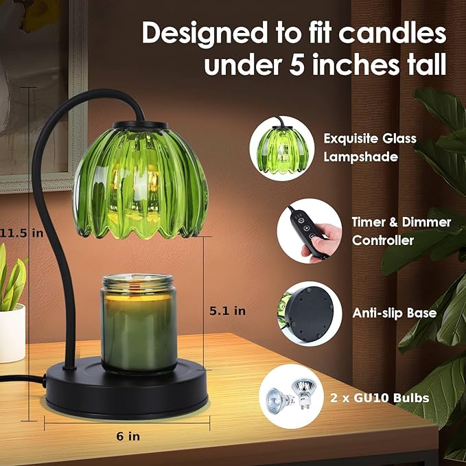 Dimmable Flower Candle Warmer Lamp with Timer, Aromatherapy Candle Lamp for Scented Candles, Modern Green Glass Candle Lamp Warmer, Gifts for Her, Home Bedroom Decor