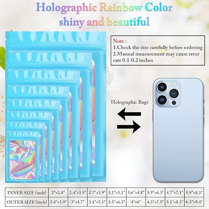 100 Pack Holographic Bags,Smell Proof Packaging Bags, Clear Window Resealable Odor Foil Pouch Mylar Bags for Food Storage and Lipgloss, Jewelry Lash (Blue, 2.4 x 3.9 Inch)