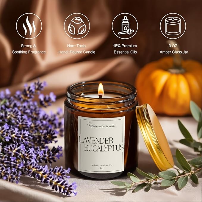 Lavender & Eucalyptus Scented Candles for Home, Natural Soy Wax Aromatherapy Non Toxic Candle Gifts for Women Men, Home Fragrance Decoration Glass Jar Candle for Meditation and Relaxation (9oz)