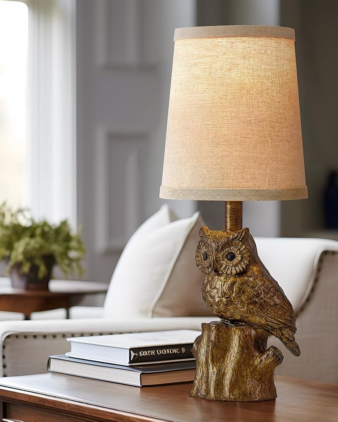 14.25" Small Table Lamp for Living Room Farmhouse Bedside Resin Single Lamp with Gold Owl Lamp Shape for Bedroom Retro Rustic Nightstand Lamp