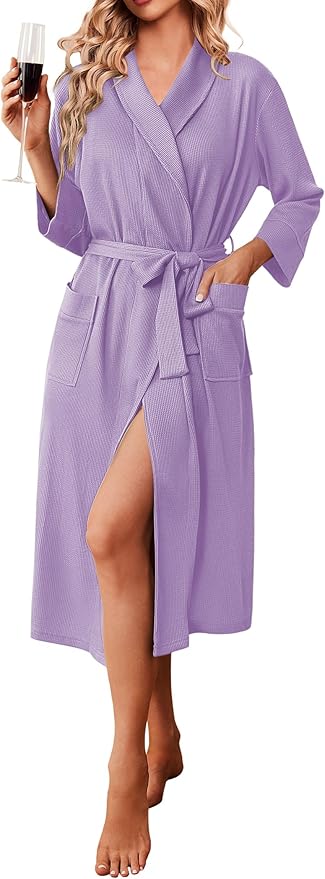Ekouaer Robes for Women Long Waffle Knit Bathrobe Lightweight Kimono Robe Soft Shawl Collar Spa Robes with Pockets S-XXL