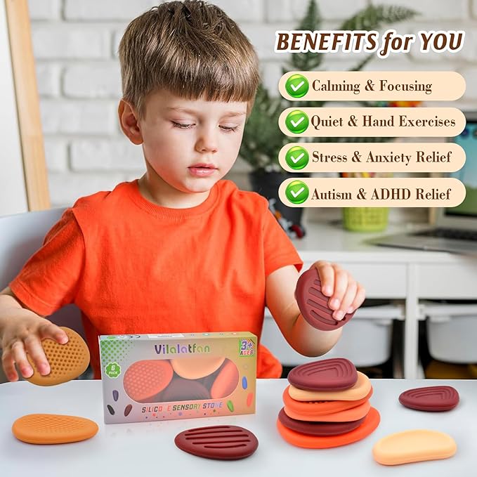 Fidget Toys Sensory Stones for Kids and Adults,6 PCS Texture Worry Stone for Anxiety Autism Teen Calm Down & ADHD Stress Relief,Quiet Fidgets for Classroom Small Prizes Gifts for Travel Toy