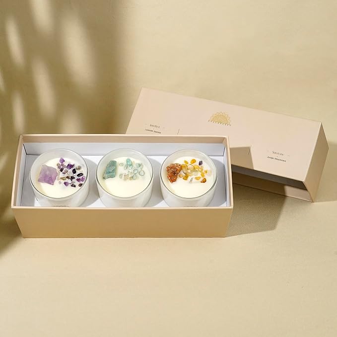 Healing Crystal Candles Gift Set for Women, 3 Pack Aromatherapy Soy Candles with Real Amethyst Amazonite Sunstone, Lavender Jasmine Coastal Breeze Scented Candles, Meditation Chakra Energy - 3.5oz