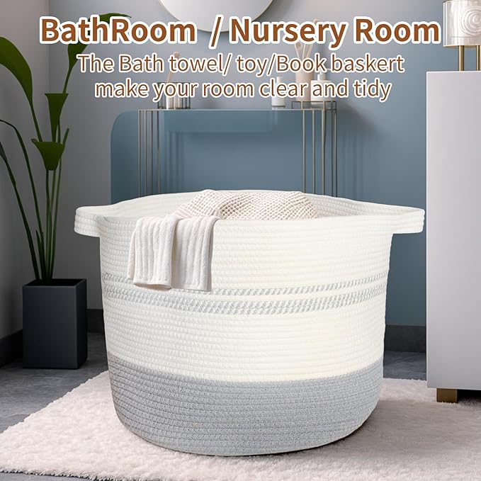 55L Woven Cotton Rope Storage Basket with Handles: 17.7"x13.7" Laundry Hamper for Clothes, Blanket Baskt, Nursery Storage and Laundry Basket for Toys, Towels, Books, Light grey