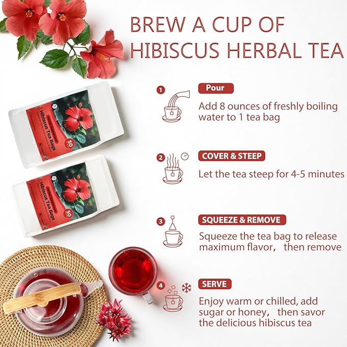 Pure Natural Hibiscus Tea Bags, Clear Heat And Moisturize Dryness, Rich In Antioxidants And Aids Digestion, Refreshing Sweet And Sour Fruity Taste, Caffeine-Free (1 Pack/50 Bags)