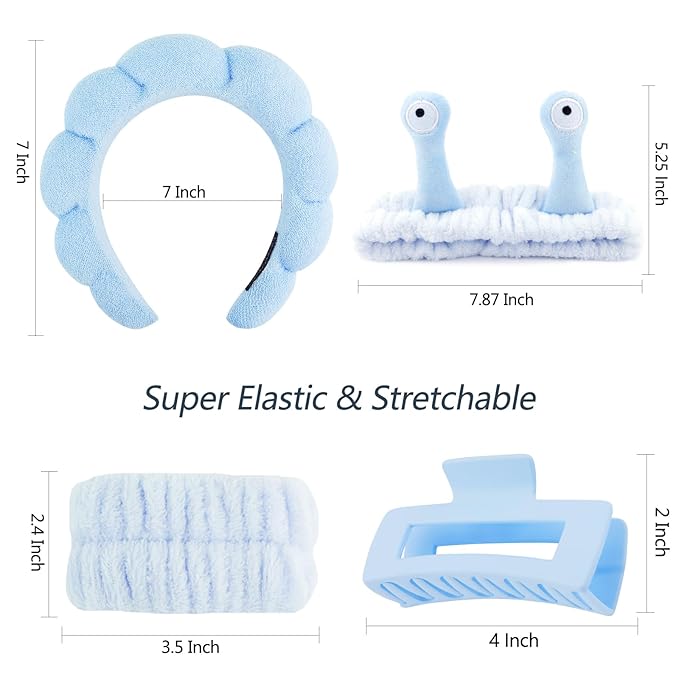 VELSCRUN Spa Headband, Makeup Face Wash Skincare Headbands, 5 Pcs Sponge Get Ready Snail Hairband Facial Wristband Hair Clip Set, Stuff for Teen Girls Women Trendy Hair Accessories Blue