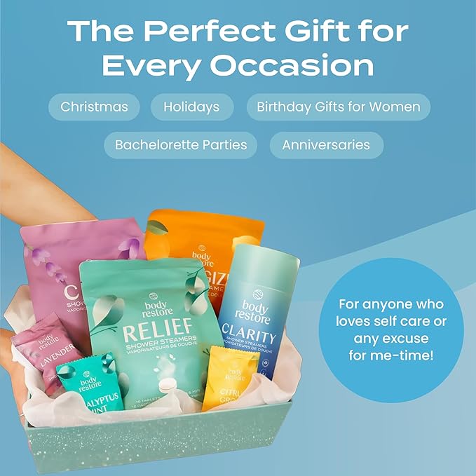 Body Restore Shower Steamers Aromatherapy 30 Pack - Christmas Stocking Stuffers for Men, Birthday Gifts for Women, White Elephant, Relaxation, Self Care - Collector’s Box
