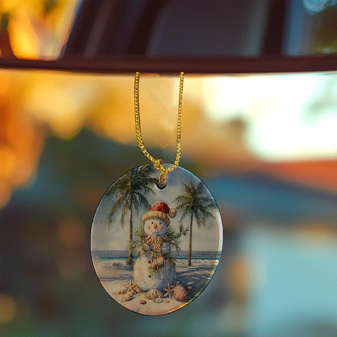 Coastal Summer Christmas Ceramic Ornament Gifts, Ocean Beachy Snowman Christmas Decorative Hanging Ornaments for Xmas Tree Holiday Party Decoration, Coastal Beach Xmas Tree Decorations