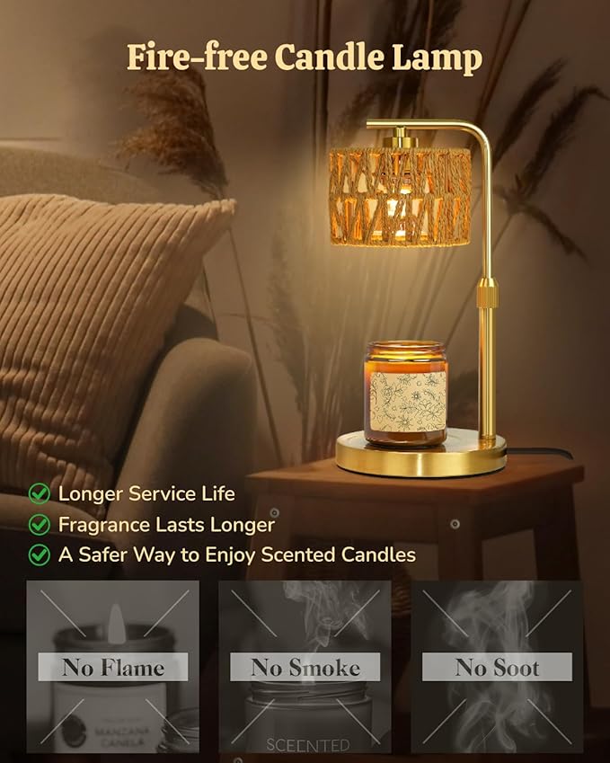 Candle Warmer Lamp with Timer, Dimmable Candle Warmer for Jar Candles, Height Adjustable Wax Melts Warmer, Boho Rattan Lampshade and 2 Bulbs, Gift for Home Room Decor, Gifts for Women Mom (Gold)