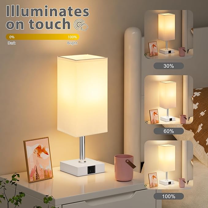 Ambimall Touch Control Table Lamp with USB A+C Charging Ports - 3 Way Touch Lamps Bedside, Nightstand Lamp for Bedrooms Living Room Nursery, LED Bulb Included(White Shade)