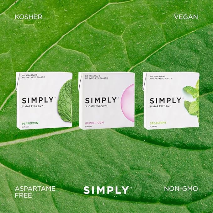 SIMPLY Gum | Dental Gum | Xylitol Chewing Gum- Sugar Free | Variety Pack- Bubblegum, Peppermint, Spearmint | Pack of Six (90 Pieces Total) | Synthetic Plastic Free + Sugar Free + Aspartame Free