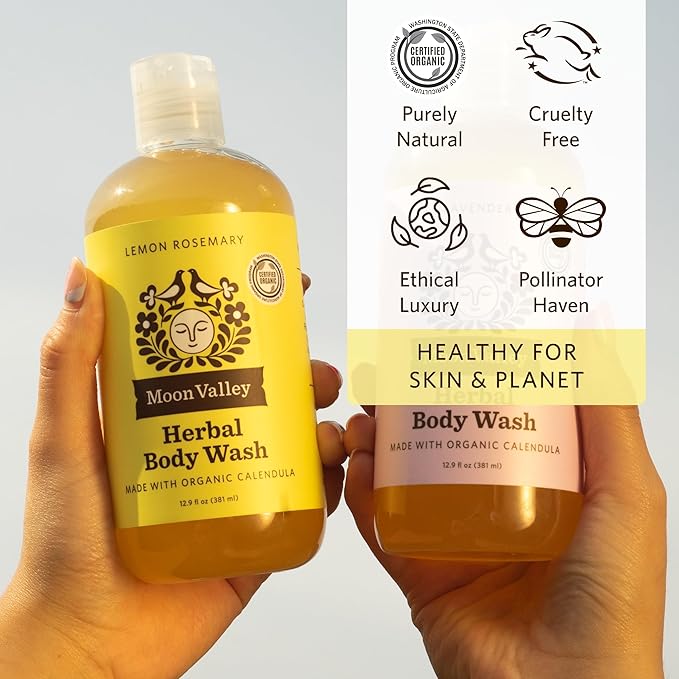 Herbal Body Wash, Lemon Rosemary by Moon Valley, All Natural Ingredients, No Parabens, Vegan, Moisturizing Essential Oils, Two Pack