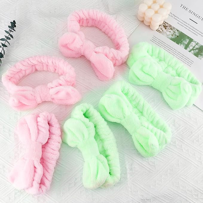WHAVEL 6 Pack Spa Headbands - Soft Head Bands for Makeup, Skincare & Face Washing Spa Witch Party Favors (Pink & Green)