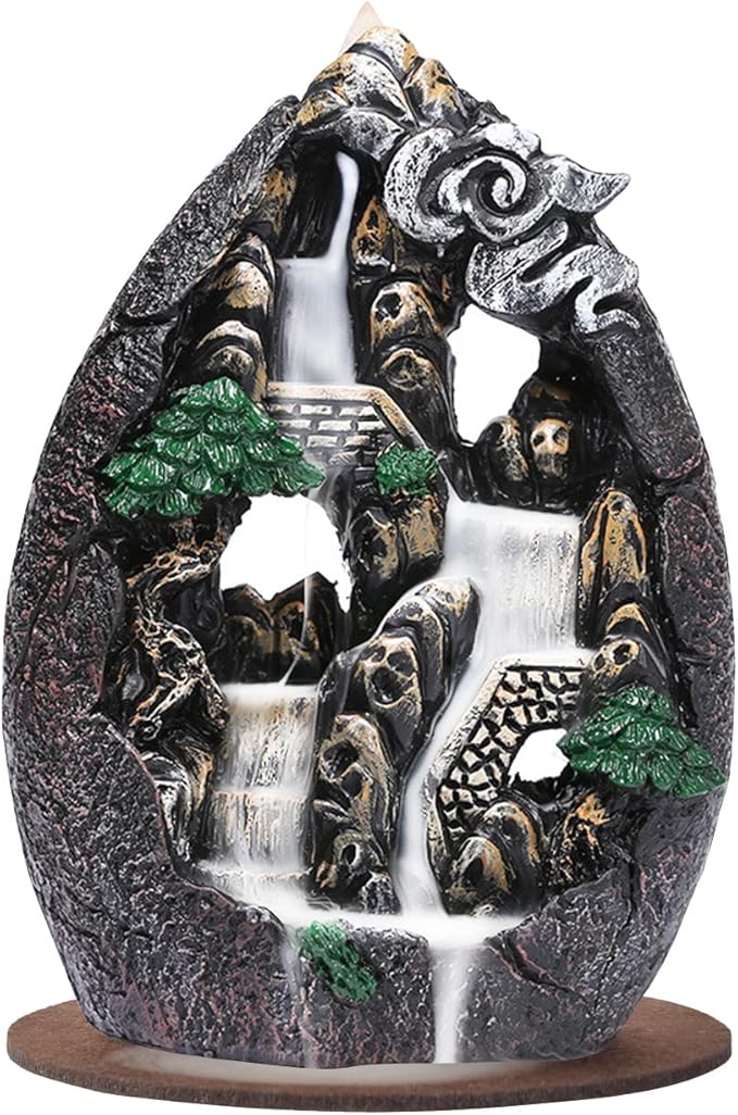 Backflow Incense Holder Resin Mountain Incense Burner Fountain Waterfall Incense Holders Home Decor with 120 Pcs Backflow Incense Cones 30 Pcs Incense Sticks (Creek)