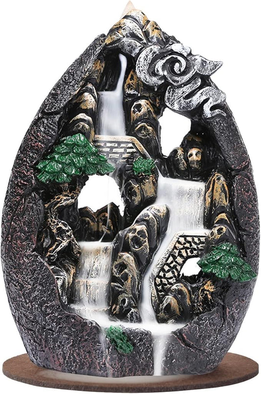 Backflow Incense Holder Resin Mountain Incense Burner Fountain Waterfall Incense Holders Home Decor with 120 Pcs Backflow Incense Cones 30 Pcs Incense Sticks (Creek)