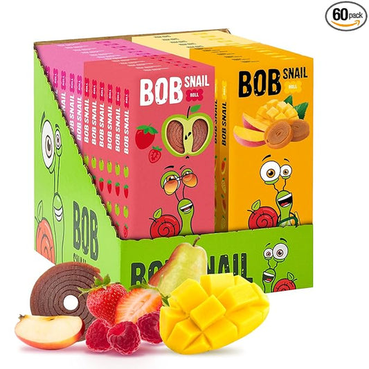 BOB SNAIL Healthy Organic Fruit Snacks for Kids and Adults – 60 Organic Fruit Roll Up with Mango,Pear, Strawberry, Raspberries–Vegan Low-Carb Variety Pack Leather Strips for Kids–Sugar Free Jerky Bars