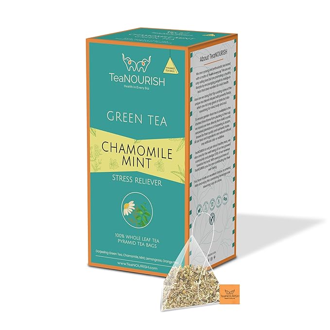 TeaNOURISH Chamomile Mint Green Tea | 20 Count Pyramid Tea Bags | Darjeeling Whole Leaf Tea Blend | Natural Sleep Tea with Calming & Relaxing Properties