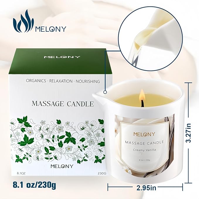 MELONY Luxury Massage Candle - Moisturising, Body Oil Candles for Muscle Relaxation, 8.1OZ (Creamy Vanilla)