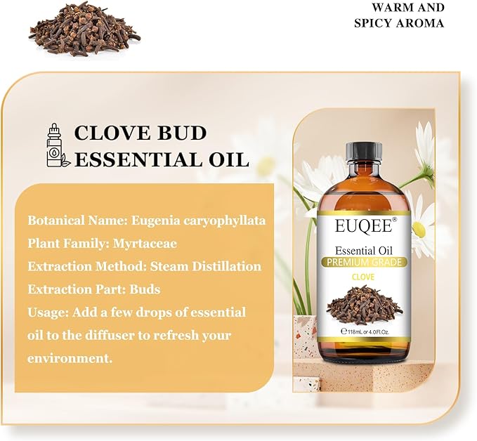 EUQEE Clove Essential Oil Large Capacity (4 oz/118 ml) Premium Clove Bud Oil - with Glass Dropper, Great for Diffusers, DIY Candle e & Soap Making