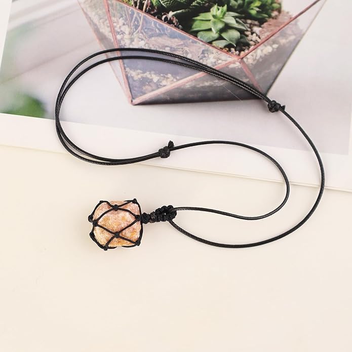 Handmade Natural Gemstone Crystal Pendant Necklace Stone Holder Necklace Cord Net Necklace with Adjustable Length for Women Men