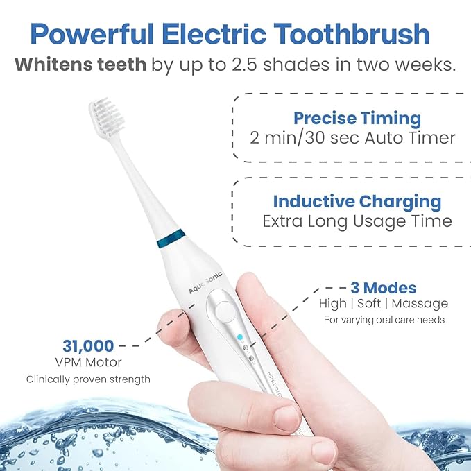 AquaSonic Home Dental Center Rechargeable Power Toothbrush & Smart Water Flosser - Complete Family Oral Care System - 10 Attachments and Tips Included - Various Modes & Timers (White)