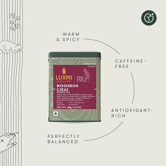 Luxmi Estates - Rooibos Chai - Organic Rooibos Tea with Spices - Loose Leaf - 100g (50 Cups), Limited Fall Tea with Cinnamon, Cardamom and Clove, Perfect for Relaxation