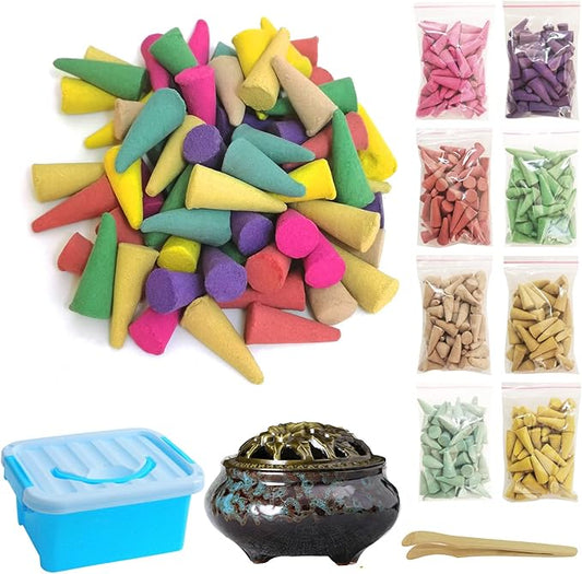Incense Cones， 8 Mixed (320 Cones Total) Cone Incense Scents, and A Ceramic Incense Burner. Natural Scent Cone， for Meditation, Yoga, Purification, and Aromatherapy.