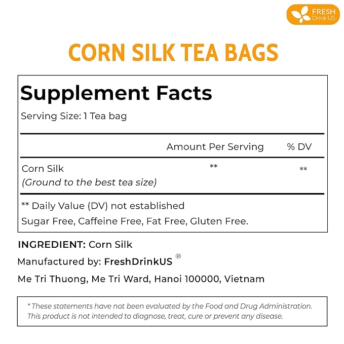 FreshDrinkUS, Premium 135 Tea Bags Corn Silk Tea, 100% Natural & Pure from Corn Silk. Corn Silk Herbal Tea. Clean Ingredients. Made with Natural Material Tea Bags. No Sugar, No Caffeine, Vegan.