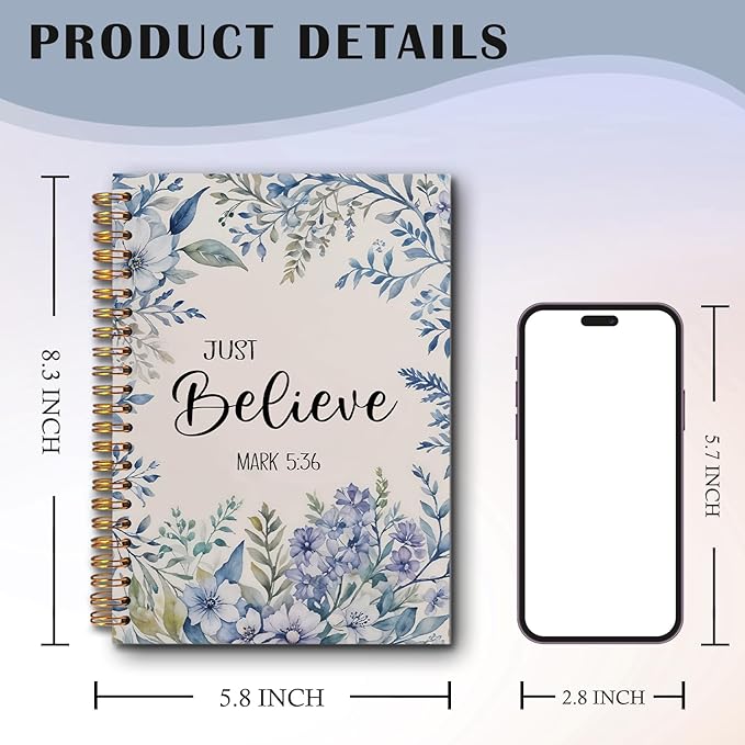 Floral Christian Spiral Notebooks, Just Believe Mark 5:36 Bible Journal, Scripture Journals for Writing, Christian Gifts for Women, Religious Notebook for Note Taking, 5.5x8.3 Inch
