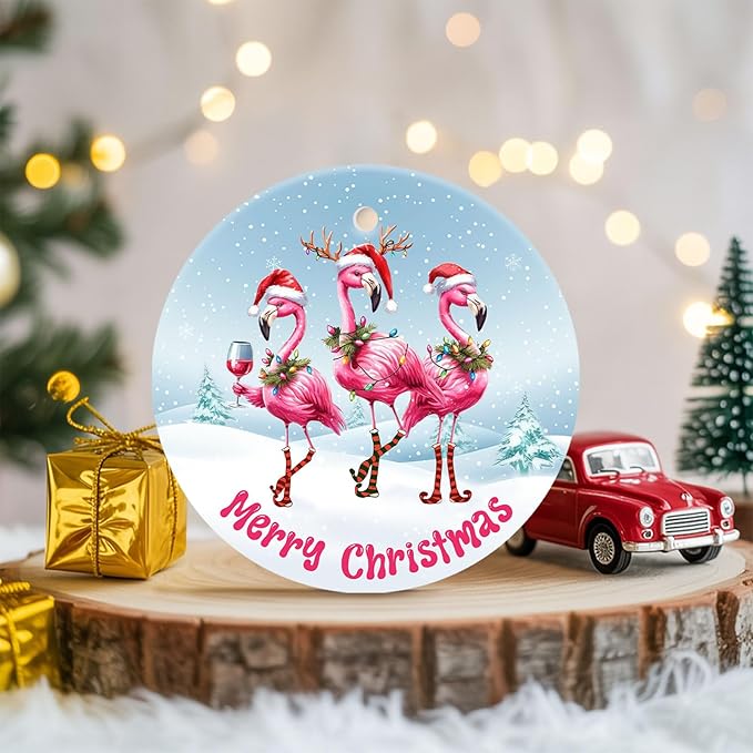 34HD Flamingo Christmas Ornament Ceramic 2-Side Printed, Flamingo Gifts for Men Women, Christmas Hanging Decorations