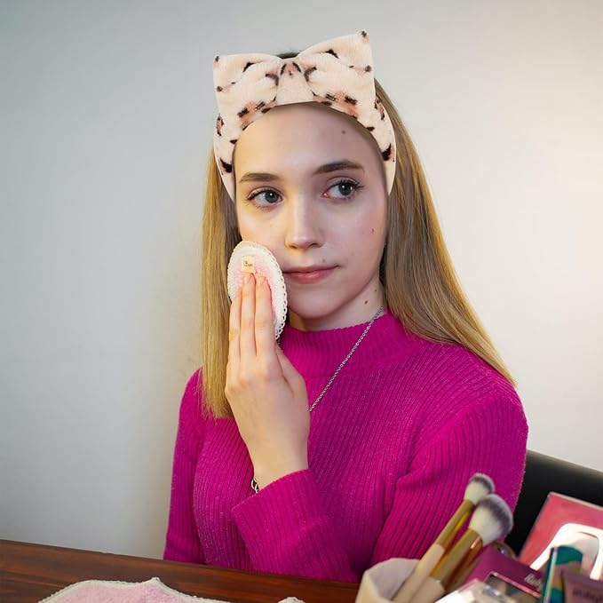 Ondder Leopard Terry Cloth Spa Headbands for Skincare, Makeup, Face Washing - 8 Pcs Bow Hair Bands for Women