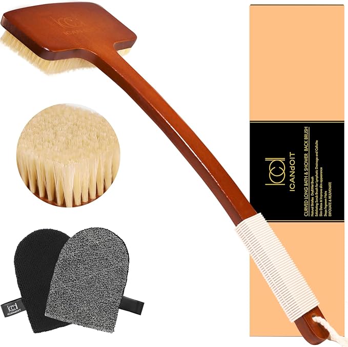 ICANdOIT Exfoliation Set-17.71 Inch Boar Bristles Back Scrubber Bath Brush,Shower Brush with No-Slip Curved Handle,Dual-Sided Face Exfoliation Glove