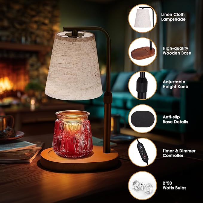 Candle Warmer Lamp with Timer Dimmable, Adjustable Height Candle Warmer Light for Jar Candles with 2 Bulbs, Christmas Birthday Gifts for Women Mom, House Warming Gifts New Home, Room Office Home Decor
