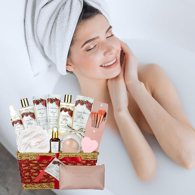 Bath & Body Gift Set, Luxury Christmas Gifts for Women, Home Spa Bath Gift Basket, Rose Jasmine bath basket, Pamper Gifts for Women Teens, 15 Pcs Relaxing Home Bath Spa Kit beauty sets, Mother's Gifts