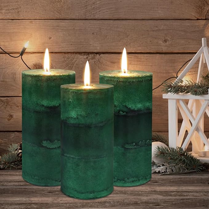 Dark Green Pillar Candles 3x6 Inch Fir Scented Candles Hand-Poured Long Lasting Burning Large Candle Holiday Forest Christmas Decoration Candle for Home Fragrance Gift Table Wedding 3 Pack