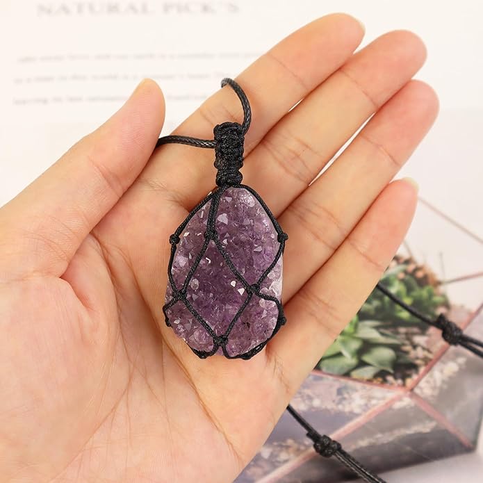 Handmade Natural Gemstone Crystal Pendant Necklace Stone Holder Necklace Cord Net Necklace with Adjustable Length for Women Men