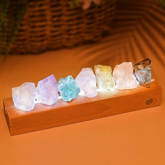 Healing Crystal Night Light,7 Chakra Natural Bedside Lamp with Wooden LED Light Base,Healing Stones Positive Energy Night Lights for Home Decor Gifts (Rechargeable)