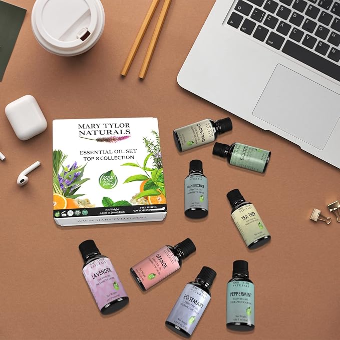 Essential Oils Set, Top 8 x 10 ml Each, Lavender Peppermint Orange Lemongrass Rosemary Eucalyptus Tea Tree Frankincense Therapeutic Grade, for Aromatherapy, Diffuser, DIY by Mary Tylor Naturals