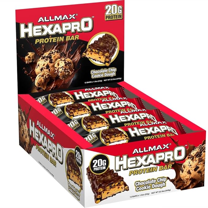 ALLMAX HEXAPRO PROTEIN BAR, Chocolate Chip Cookie Dough - Pack of 12 - High-Protein Energy Snack - 20 g of Protein Per Bar - With Whey Protein Isolate
