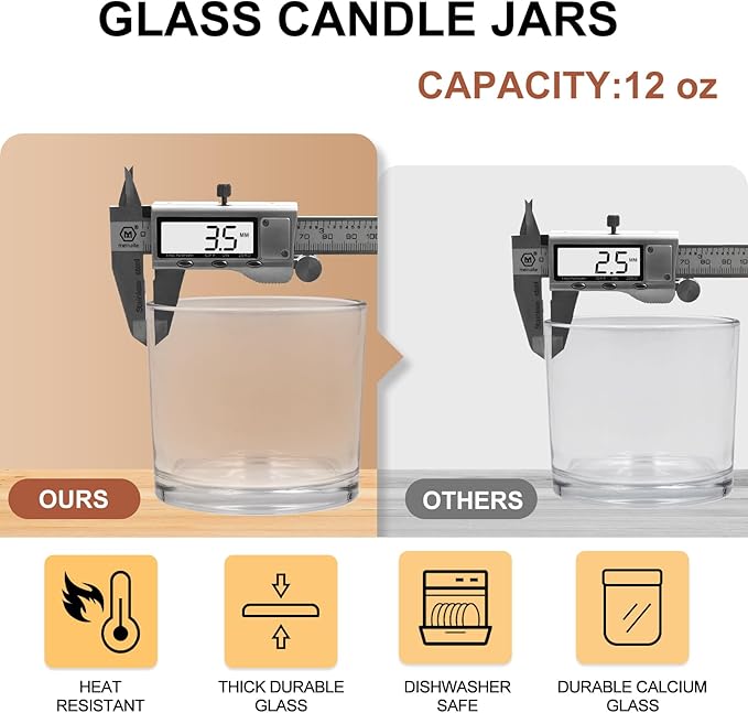 12 OZ Thick Candle Jars for Making Candles 12 Pcs, Empty Jars with Wood Lids for Spice Jars, Sample Container, Clear