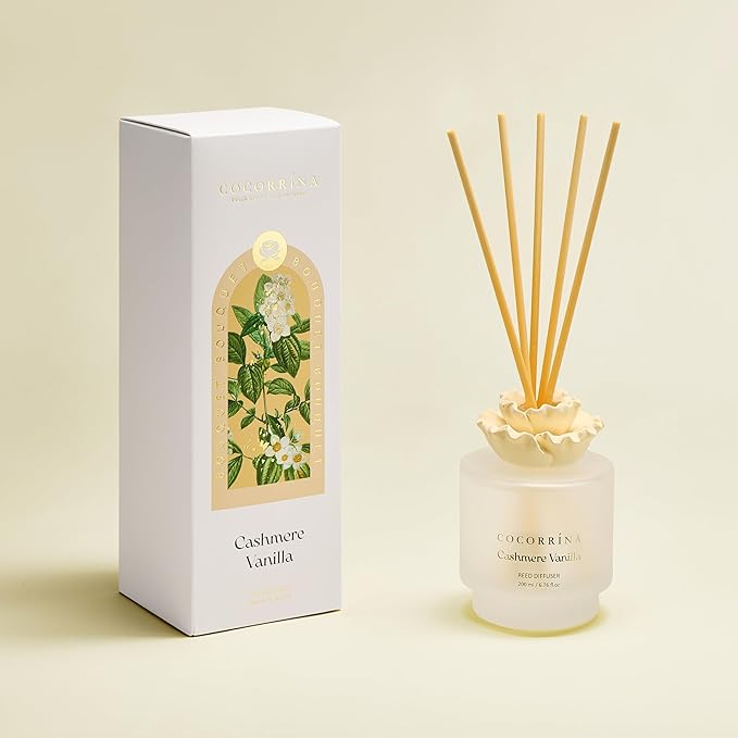 COCORRÍNA Gypsum Flower Reed Diffuser Set for Bathroom Décor – Cashmere Vanilla Scent, 6.76 oz with Sticks & Oil – Home Fragrance for Bathroom & Living Space