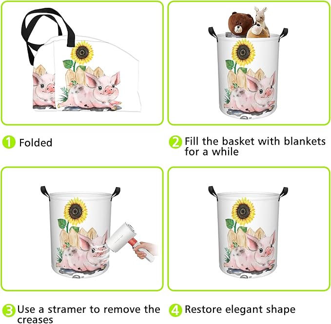 Laundry Basket Cute Pig with Sunflower Laundry Hamper Large Laundry Basket Storage Basket Tote Bag Collapsible Organizer Basket for Bathroom,Laundry,Bedroom 17.3 x16.5 Inch