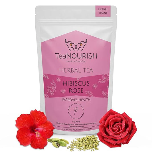 TeaNOURISH Hibiscus Rose Herbal Tea | CAFFEINE-FREE | 100% NATURAL | Hibiscus, Rose, Chamomile, Blue Cornflower, Fennel, Licorice | Brew Hot or as Iced Tea- 1.76oz/50g