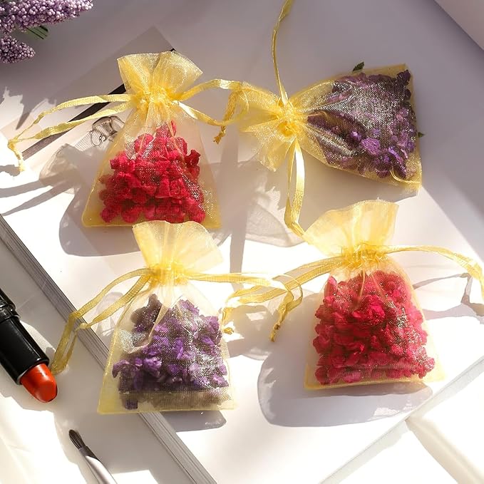 100Pcs Organza Gift Bags Gold Small Jewelry Pouches Wedding Jewelry Bag 2x3 Inch Favour bags Lavender Bag for Wedding Birthday Party Christmas Candy Mesh Bags