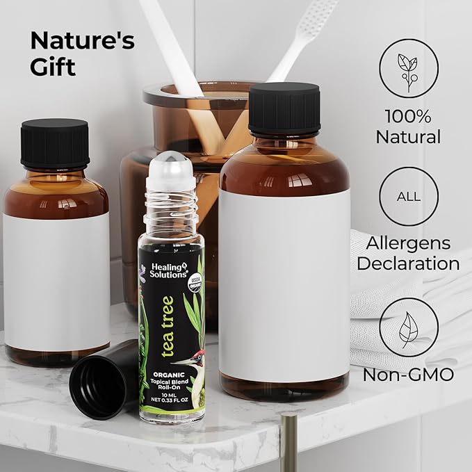 Healing Solutions - Organic Tea Tree Essential Oil Roller, USDA Certified, Roll On Perfume for Aromatherapy, Diffuser, Hair and Skin Care