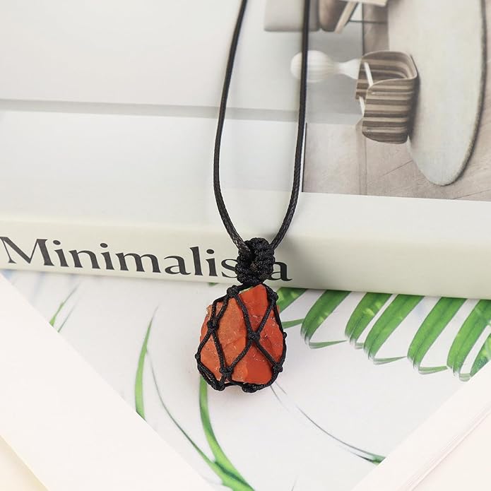 Handmade Natural Gemstone Crystal Pendant Necklace Stone Holder Necklace Cord Net Necklace with Adjustable Length for Women Men