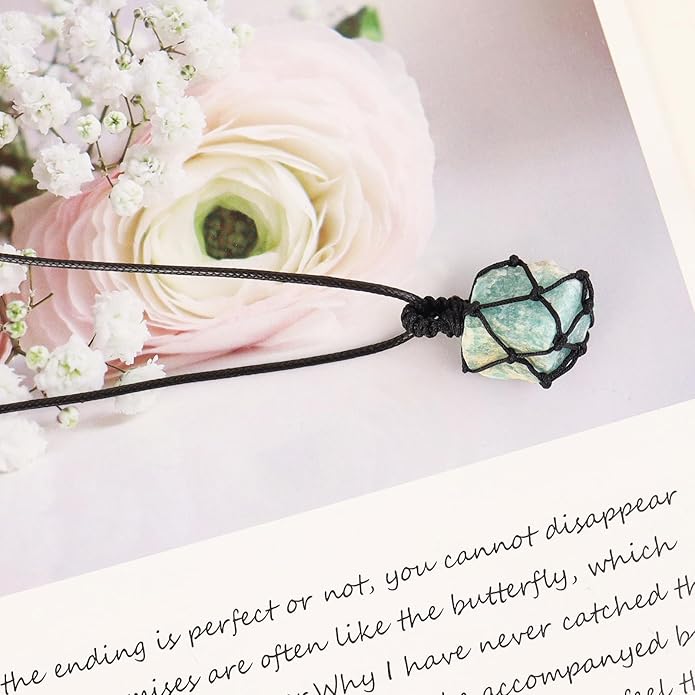 Handmade Natural Gemstone Crystal Pendant Necklace Stone Holder Necklace Cord Net Necklace with Adjustable Length for Women Men