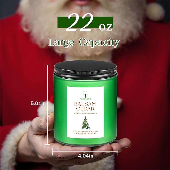 Large Christmas Candle Balsam Cedar Scented, 3-Wick 22oz Long Lasting Scented Candle, Natural Soy Wax Aromatherapy Candle for Home, Holiday Candle Gifts for Women Men
