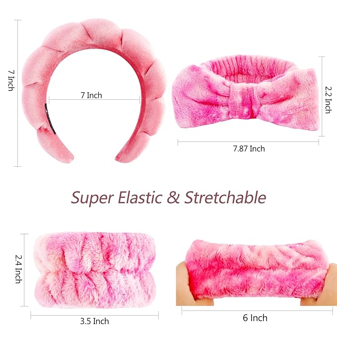 VELSCRUN Spa Headband, Makeup Face Wash Skincare Headbands, 6 Pcs Hot Pink Colorful Sponge Bow Tie Get Ready HairBand Facial Wristband Set, Stuff for Teen Girls Women Trendy Fashion Hair Accessories