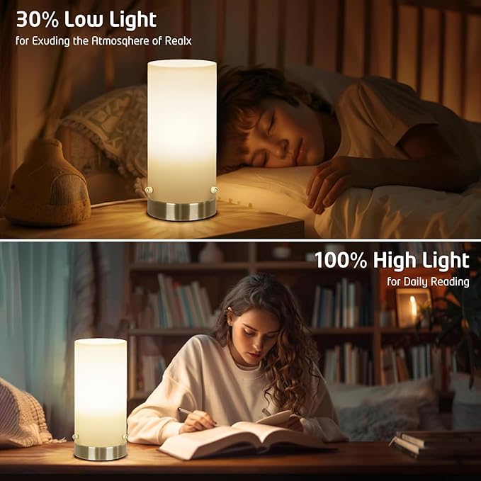 Bedside Touch Control Table Lamp for Bedroom 3 Way Dimmable Nightstand Lamp with Round Glass Shade for Living Room Kids Room Dorm Home Office(LED Bulb Included).